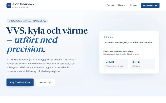 Skärmdump av A VVS Kyla & Värmes hemsida