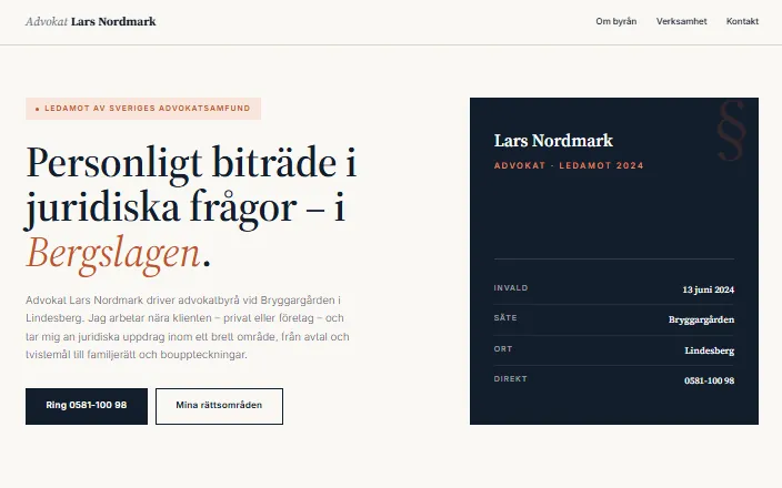 Skärmdump av Advokat Lars Nordmarks hemsida