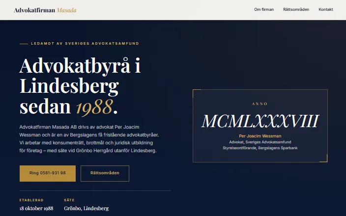 Skärmdump av Advokatfirman Masada ABs hemsida