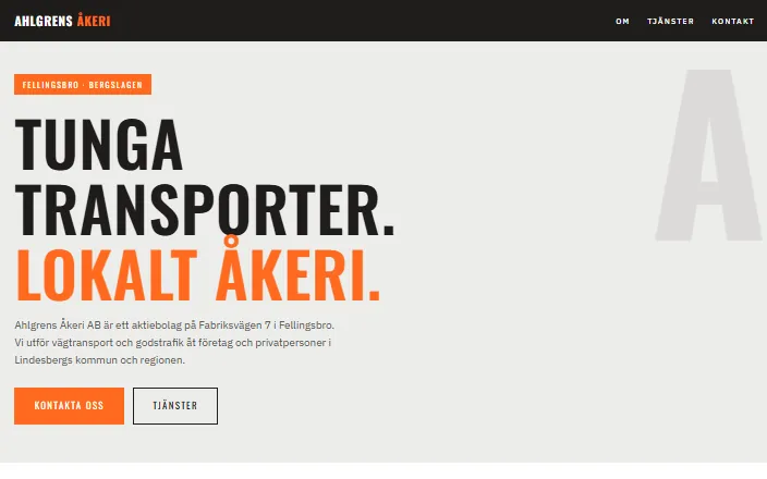 Skärmdump av Ahlgrens Åkeri ABs hemsida