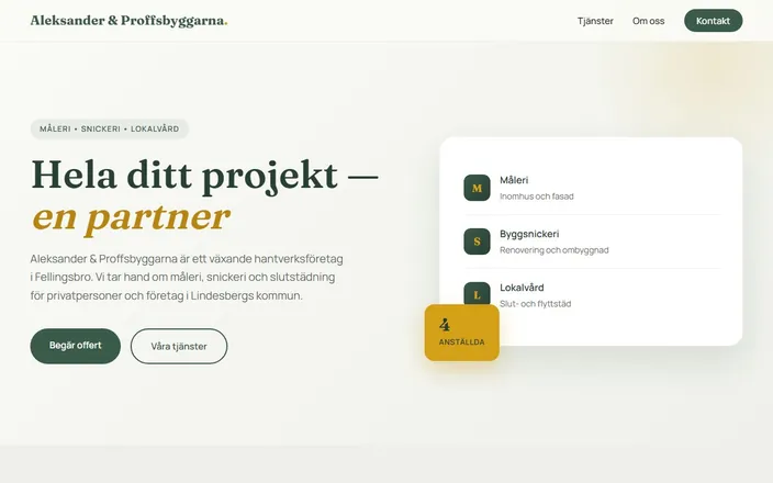 Skärmdump av Aleksander & Proffsbyggarnas hemsida