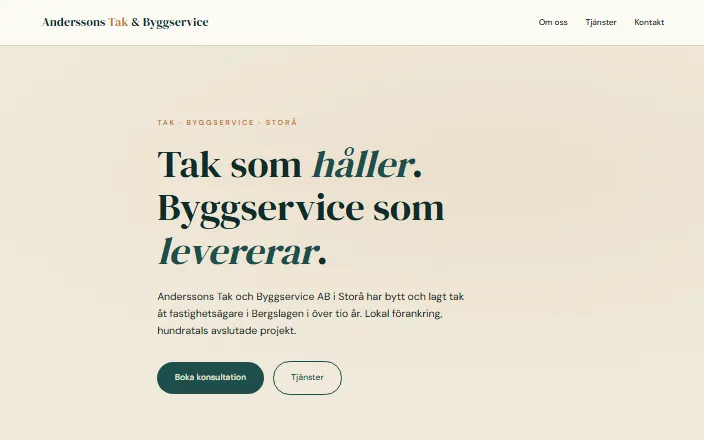 Skärmdump av Anderssons Tak och Byggservice ABs hemsida