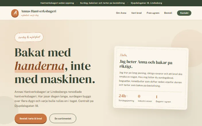 Skärmdump av Annas Hantverksbageris hemsida