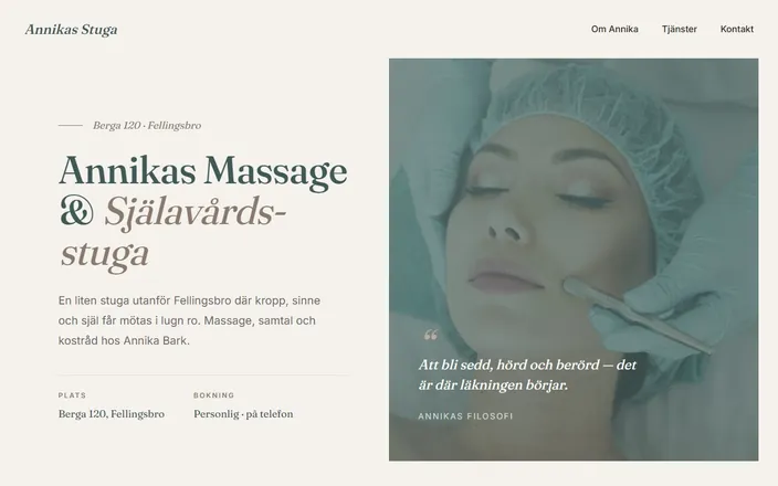 Skärmdump av Annikas Massage & Själavårdsstugas hemsida