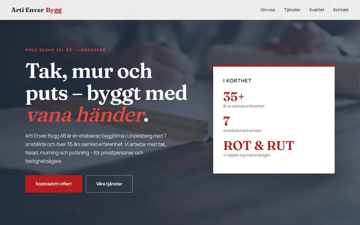 Skärmdump av Arti Enver Bygg ABs hemsida