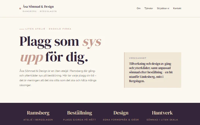 Skärmdump av Åsa Sömnad & Designs hemsida