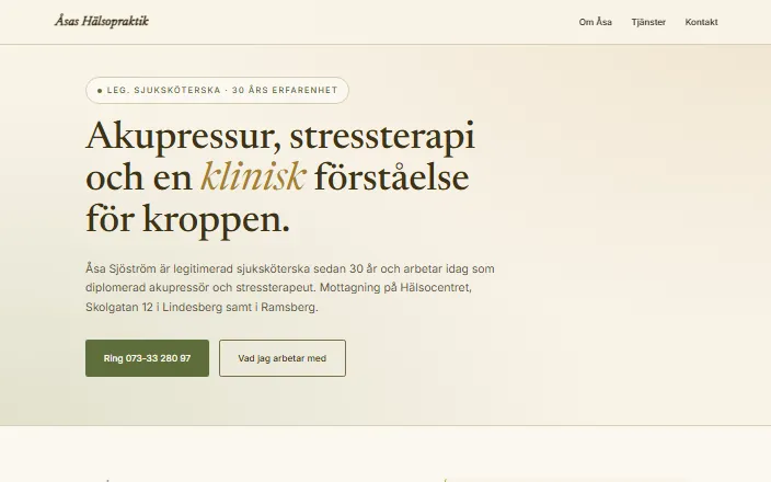 Skärmdump av Åsas Hälsopraktiks hemsida