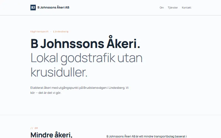 Skärmdump av B Johnssons Åkeri ABs hemsida