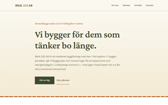 Skärmdump av Bäck 222 ABs hemsida