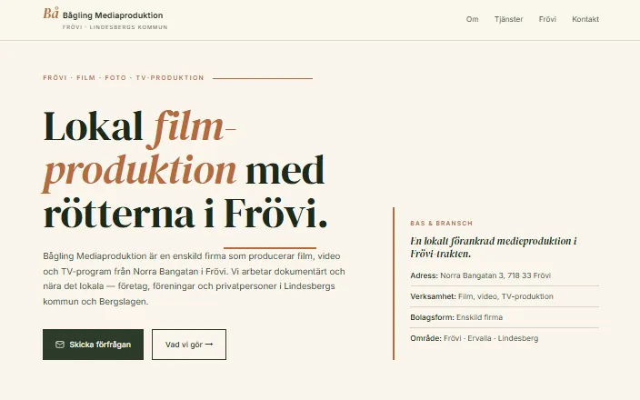 Skärmdump av Bågling Mediaproduktions hemsida