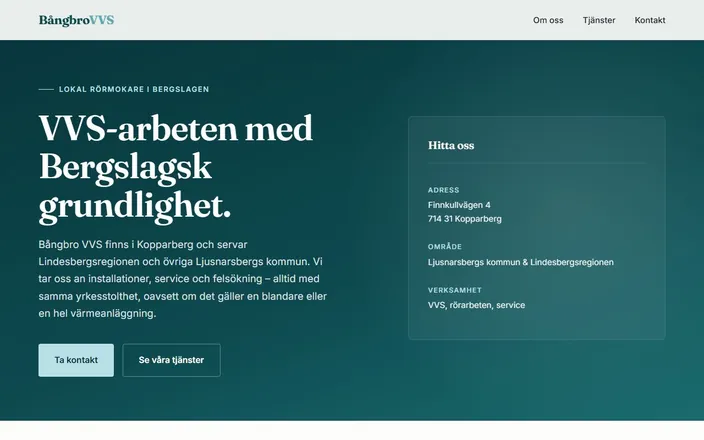 Skärmdump av Bångbro VVSs hemsida