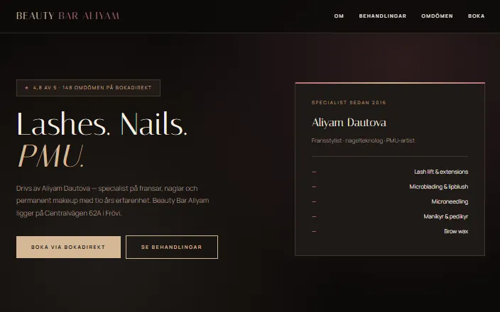 Skärmdump av Beauty Bar Aliyams hemsida