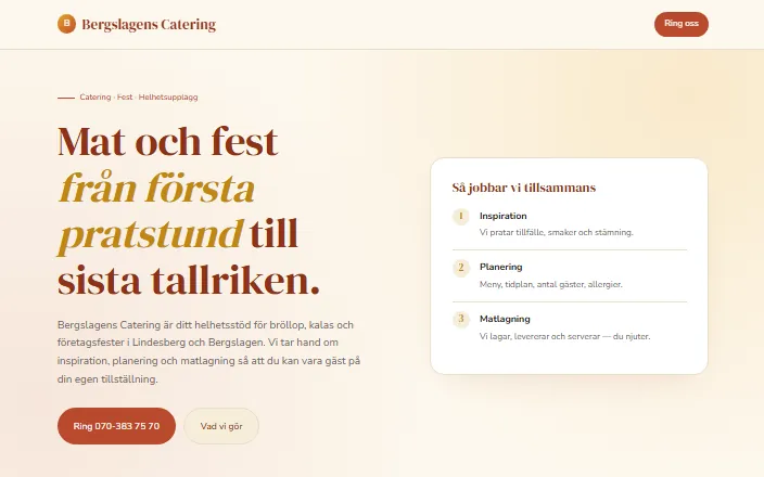 Skärmdump av Bergslagens Caterings hemsida