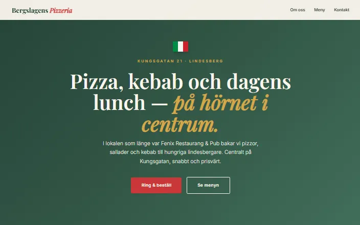 Skärmdump av Bergslagens Pizzerias hemsida