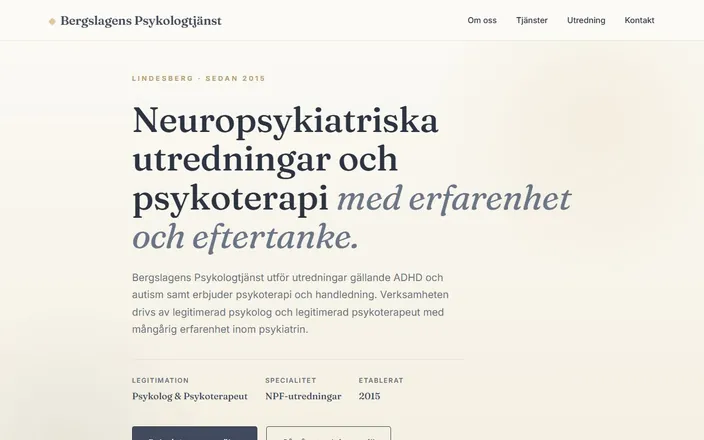 Skärmdump av Bergslagens Psykologtjänsts hemsida