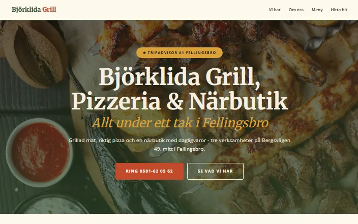 Skärmdump av Björklida Grill, Pizzeria & Närbutiks hemsida