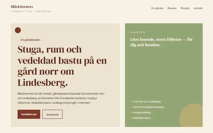 Skärmdump av Bläckhornets stuga & rums hemsida