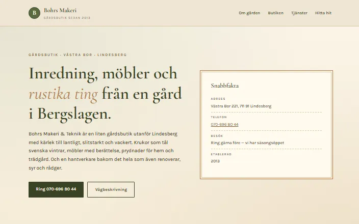 Skärmdump av Bohrs Makeri & Tekniks hemsida