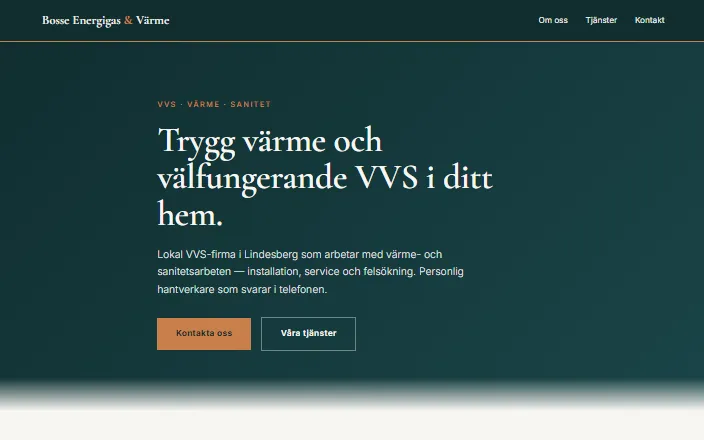 Skärmdump av Bosse Energigas & Värme ABs hemsida