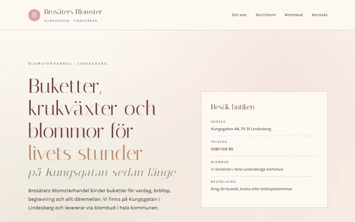 Skärmdump av Brosäters Blomsterhandels hemsida