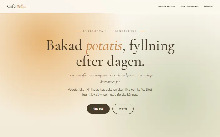 Skärmdump av Café Bellass hemsida