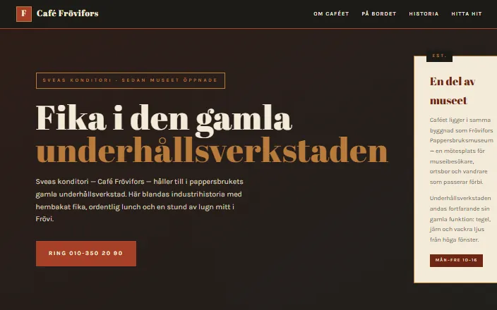 Skärmdump av Café Fröviforss hemsida