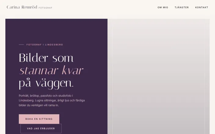 Skärmdump av Fotograf Carina Remröds hemsida