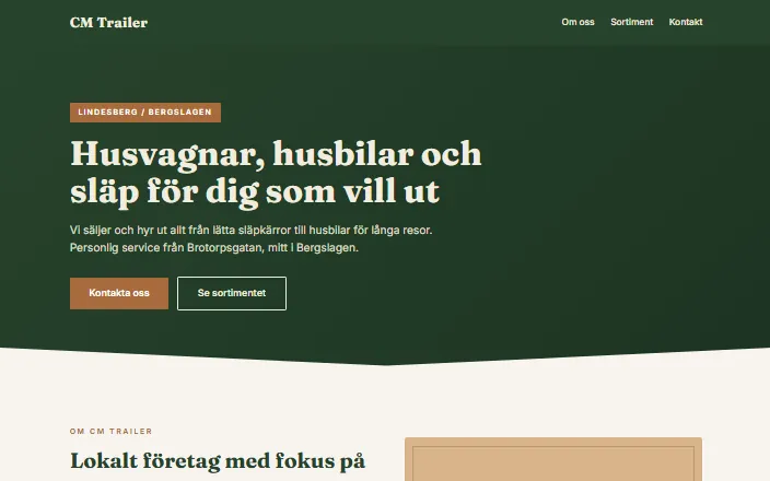 Skärmdump av CM Trailers hemsida