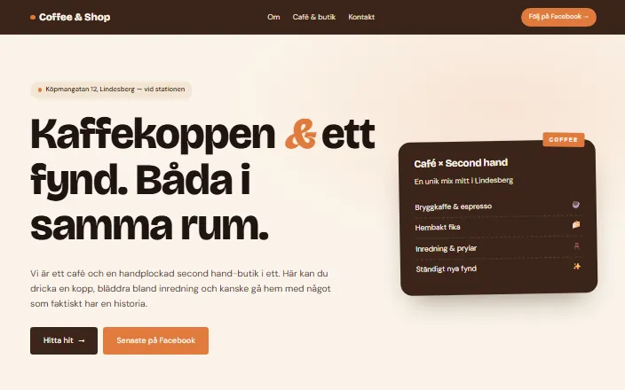 Skärmdump av Coffee & Shops hemsida