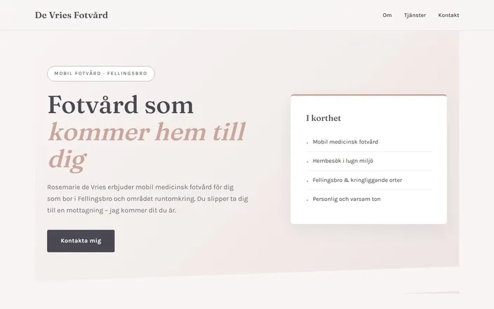 Skärmdump av De Vries Fotvårds hemsida