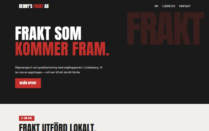 Skärmdump av Denny's Frakt ABs hemsida