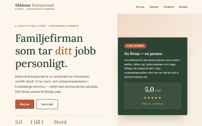 Skärmdump av Ekbloms Entreprenads hemsida