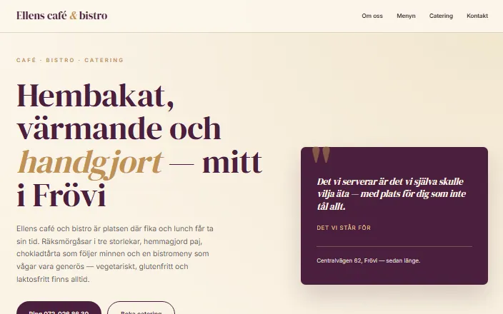 Skärmdump av Ellens café och bistros hemsida