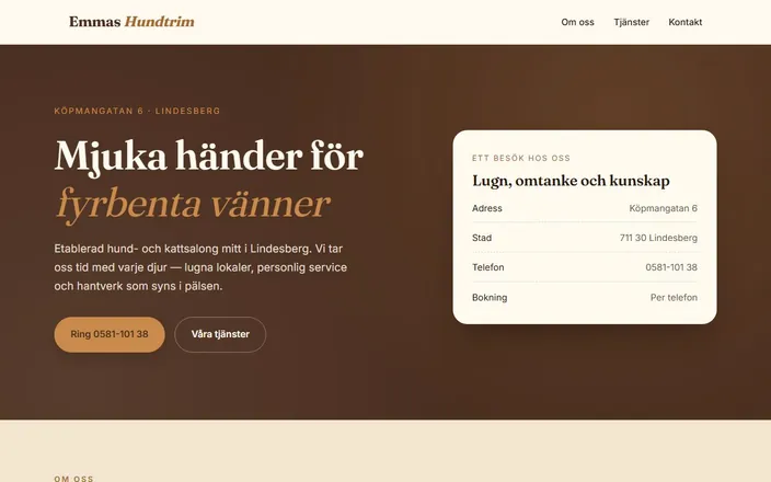 Skärmdump av Emmas Hundtrims hemsida