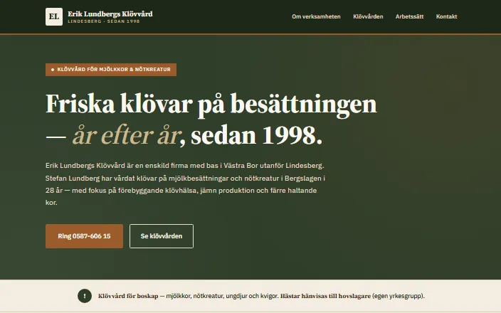 Skärmdump av Erik Lundbergs Klövvårds hemsida