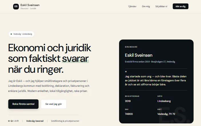Skärmdump av Eskil Sveinsens hemsida