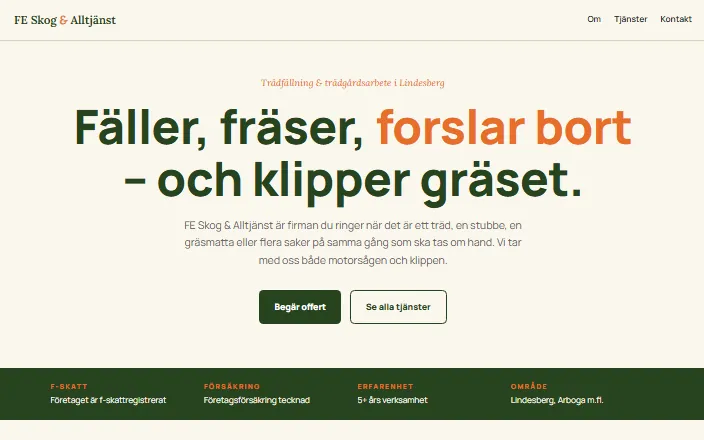 Skärmdump av FE Skog & Alltjänsts hemsida