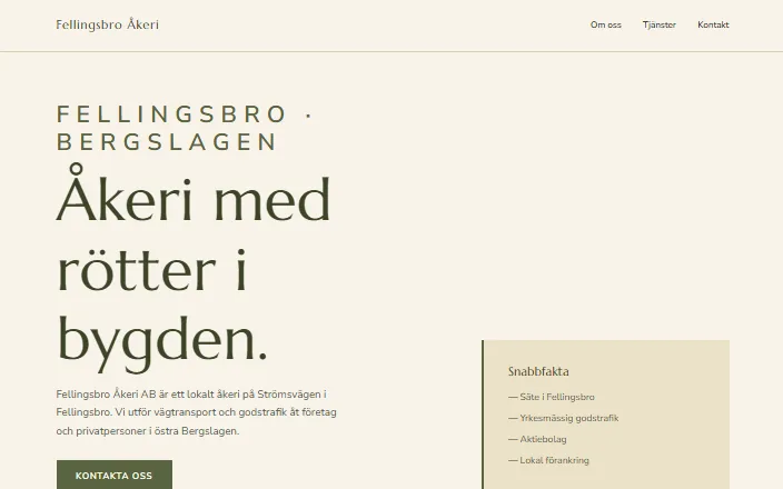Skärmdump av Fellingsbro Åkeri ABs hemsida