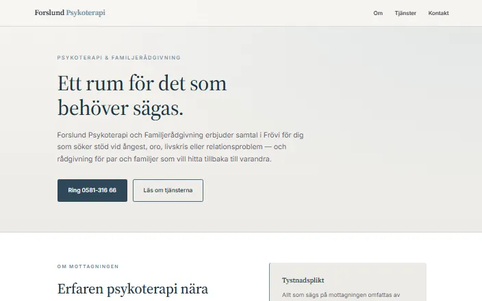Skärmdump av Forslund Psykoterapi och Familjerådgivnings hemsida