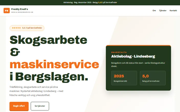 Skärmdump av Freddy Enell's Skog & Maskinservice ABs hemsida