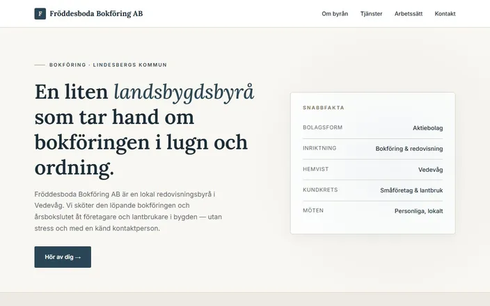 Skärmdump av Fröddesboda Bokföring ABs hemsida