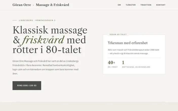 Skärmdump av Göran Orre Massage och Friskvårds hemsida