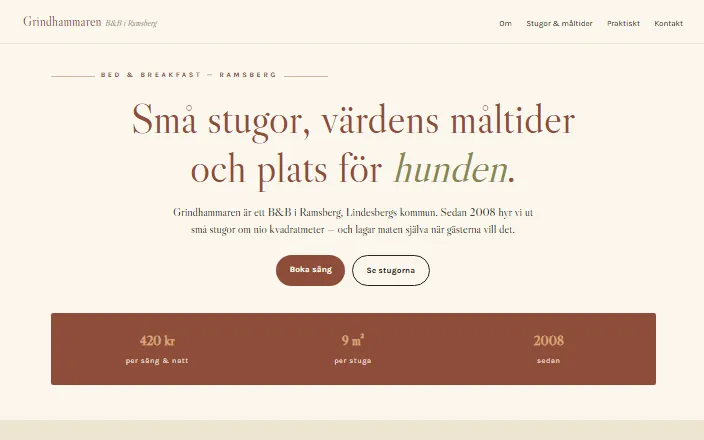 Skärmdump av Grindhammaren B&Bs hemsida