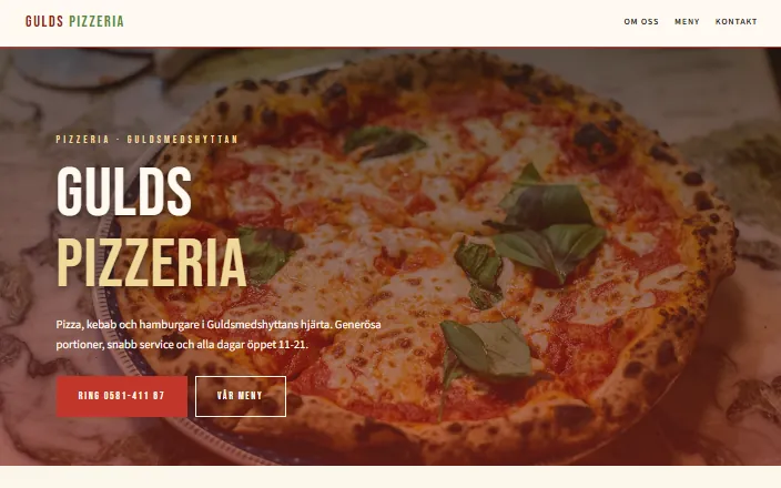 Skärmdump av Gulds Pizzerias hemsida