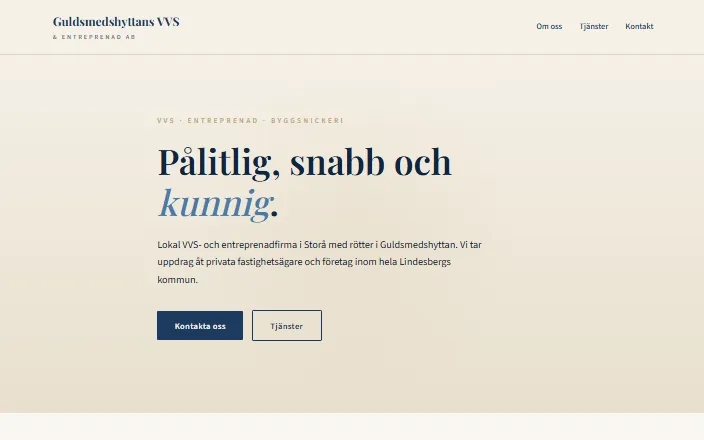 Skärmdump av Guldsmedshyttans VVS & Entreprenad ABs hemsida