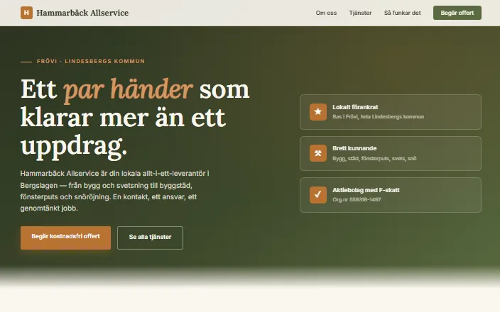 Skärmdump av Hammarbäck Allservice ABs hemsida