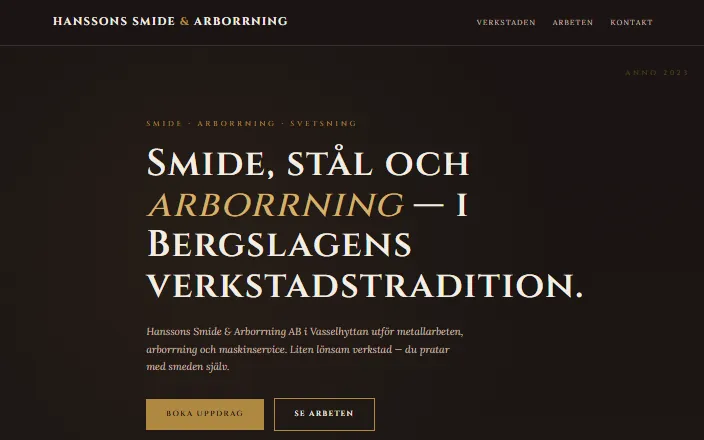 Skärmdump av Hanssons Smide & Arborrning ABs hemsida
