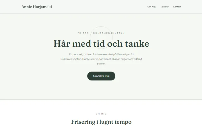 Skärmdump av Annie Harjamäkis hemsida