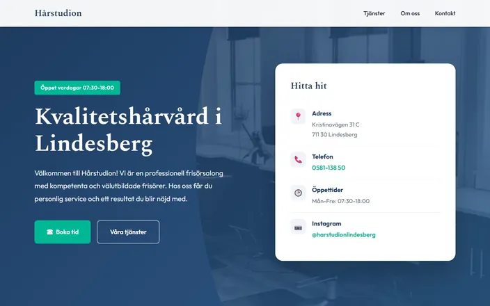 Skärmdump av Hårstudions hemsida