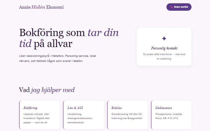 Skärmdump av Annie Hidén Ekonomis hemsida